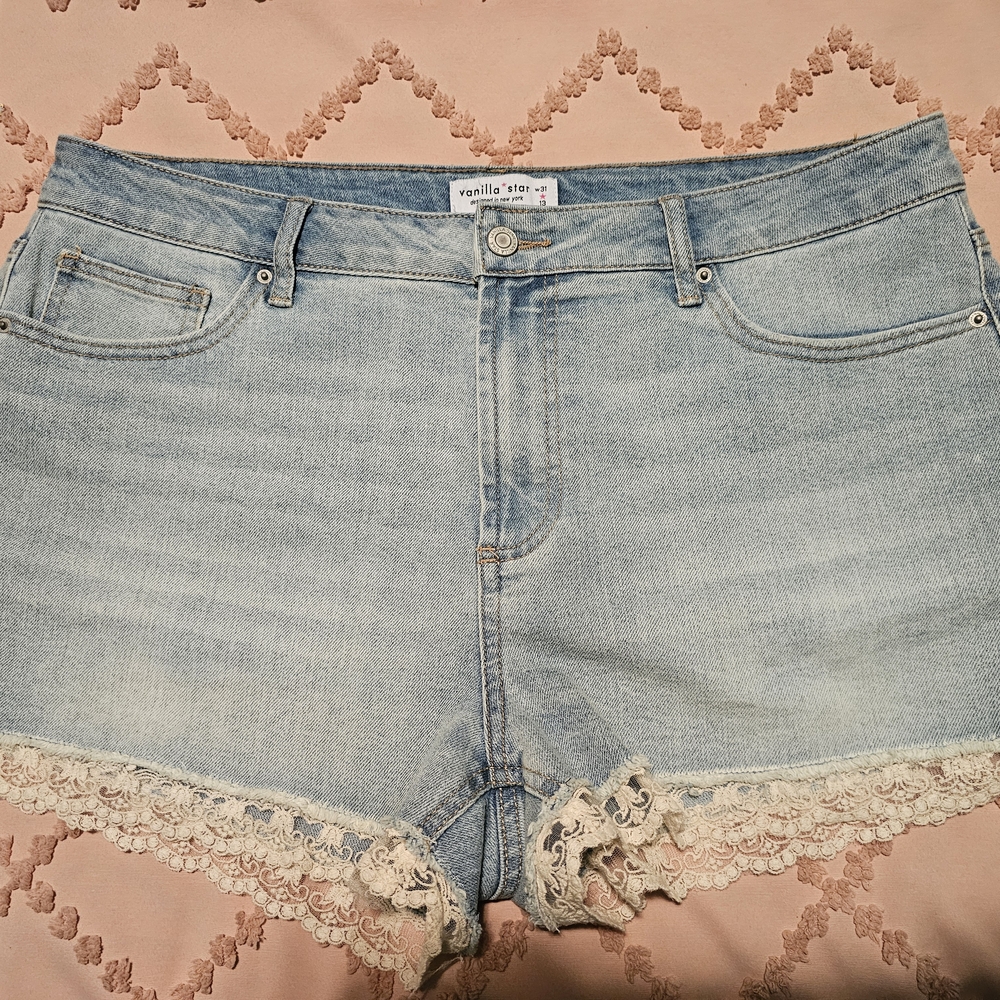 Vanilla Star Blue Jean Shorts with Lace Trim